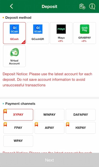 Step 2: Choose the GCash deposit method and choose one of the GCash payment channels that appear below.