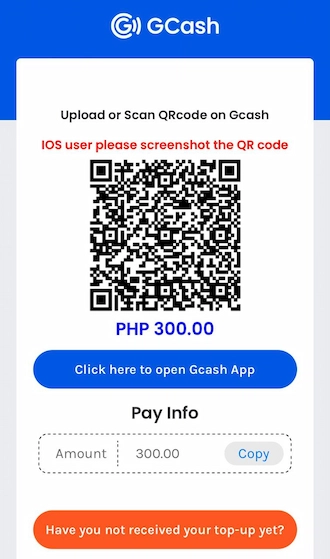 Step 5: The system will display a QR code. Players should take a screenshot of this QR code, then open the GCash app on their phone and scan the QR.