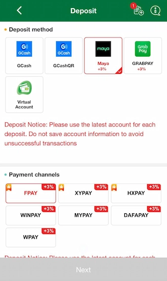 Step 1: select the deposit method as Maya. Next, select one of the payment channels via Maya that appears below.