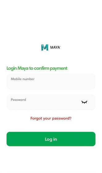 Step 3: Players need to fill in their Mobile number and password to log in to their Maya account and proceed with the deposit transaction.