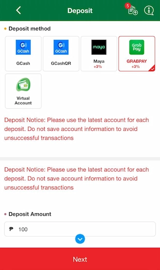 Step 1: select the GRABPAY deposit method and enter the amount you want to deposit. 