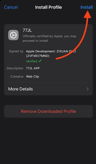 Step 4: Go to the phone’s settings and access the “device management and VPN” section. Continue to select the 77JL profile & click “Install”.