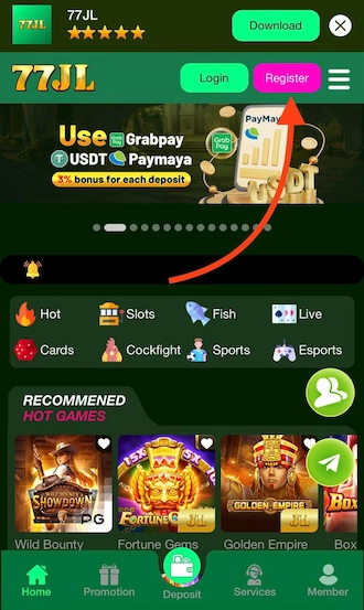 Step 1: 77JL casino login & on the homepage, select Register