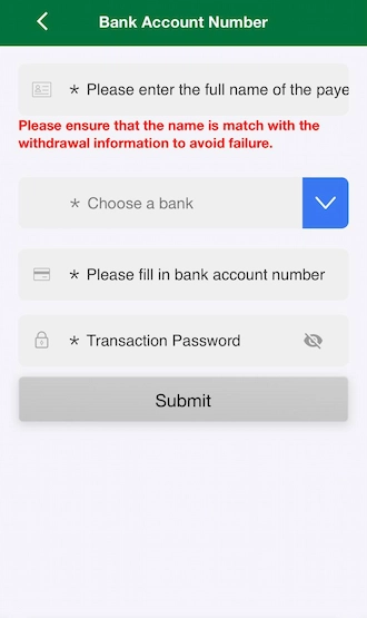 Step 4: Players need to provide information including the full name of the payer, choose a bank, fill in the bank account number, and transaction password.