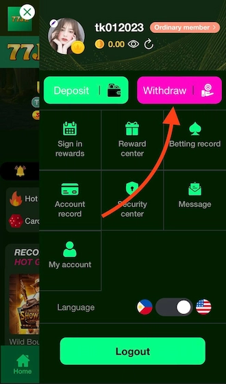 Step 3: Players should access the "Withdraw" section to start withdrawing winnings.